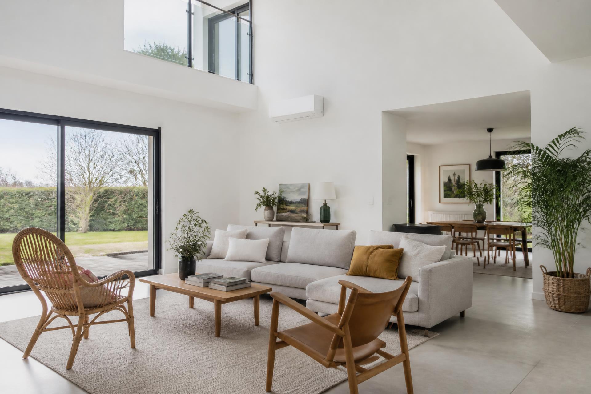 Salon lumineux d'une maison normande équipée d'une climatisation réversible